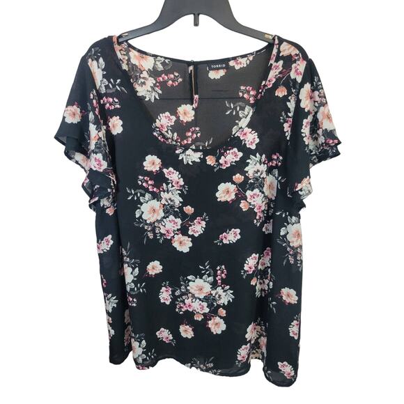 Torrid Black Floral Print Georgette Scoop Neck Flutter Sleeve Top Size XXL - Picture 1 of 10